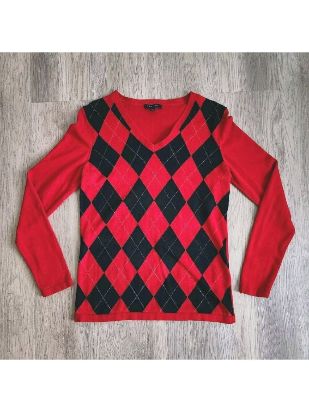 Tommy Hilfiger Argyle Pullover Sweater Red Blue Gold Diamond V Neck Women's M